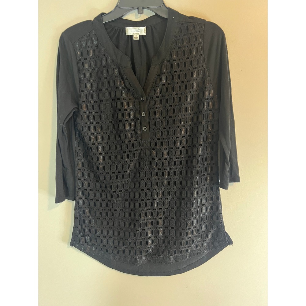 Shannon Ford New York Womens Black Eyelet Shimmer Henley Top Small 3/4 Sleeve